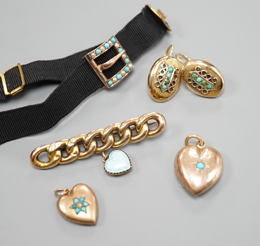 A pair of 19th century Viennese yellow metal and turquoise set earrings, 16mm, a 9ct gold and enamel set heart drop bar brooch, two early 20th century yellow metal and turquoise set heart pendants and a yellow metal and